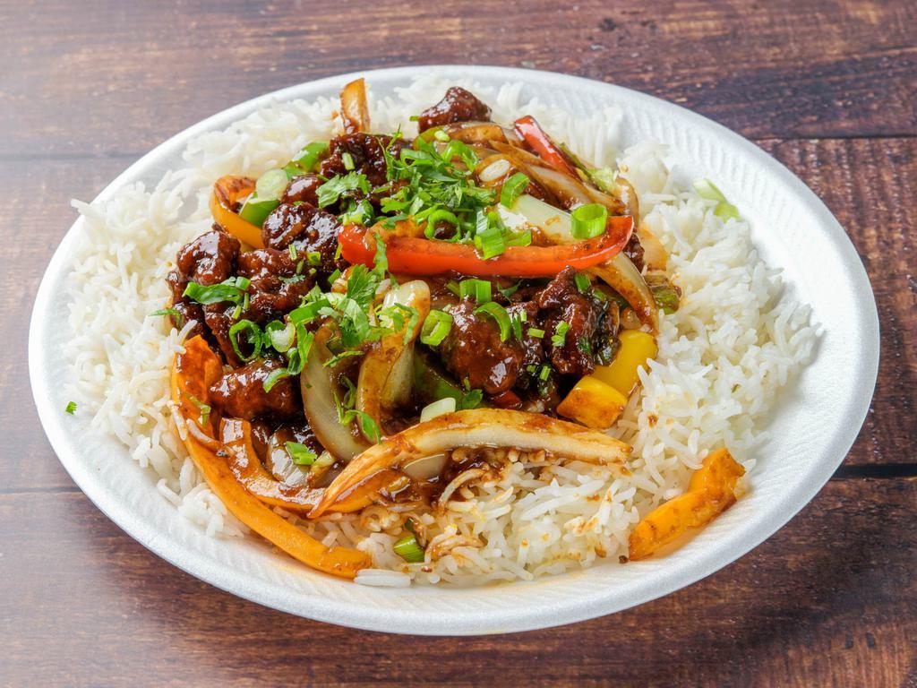 Chili Chicken with Rice · White Rice Served with Chicken and Sauté bell pepper and onion.