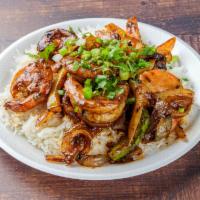Chili Shrimp with Rice · skin and tail on Shrimp cooked with veggies and house sauce. 
sweet and spicy. Need more spi...