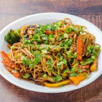 Chowmein Noodles veggie · Chow Mein Noodles cooked with veggies in house sauce. This dish contains Peanuts and sesame ...