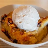 Blueberry-Peach Bread Pudding · Blueberry-peach bread pudding with cinnamon-caramel ice cream