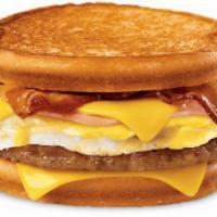 All Day Breakfast Sandwich · Thick cut bacon, ham, egg and cheese on Texas toast or hot cake.