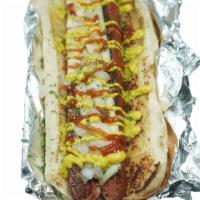 American Dog ·  JUMBO Hot dog,  American cheese, ketchup, mustard, raw onion.