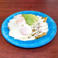 Chilaquiles Verdes  · House made chips simmered in our salsa Verde, served with two eggs over medium.
Choice of pr...
