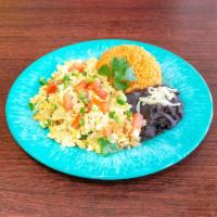 Huevos a la Mexicana · Scrambled eggs with cilantro, tomatoes, jalapeño and onion. Served with rice and refried bla...