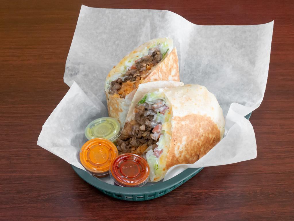 Burrito · FLOUR TORTILLA STUFFED WITH RICE,BEANS,LETTUCE,TOMATO, CHEESE, SOUR CREAM AND CHOICE OF FILLING.