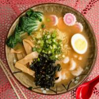 Shrimp Ramen · Vegetarian miso broth, Gulf shrimp, baby bok choy, bamboo shoots. Kimchi, fish cakes, seawee...