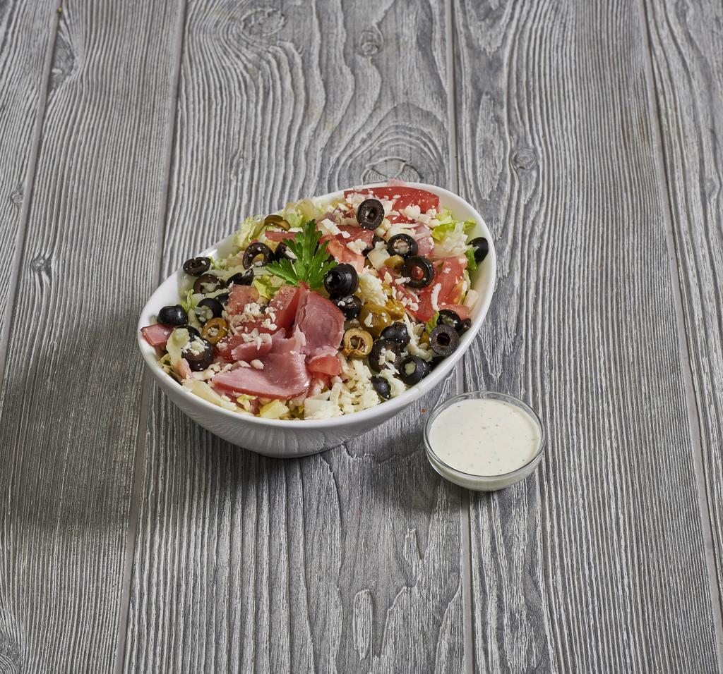 Chef Salad · Fresh crisp lettuce, tomatoes & onions topped with ham, mozzarella cheese & black & green olives.