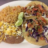 2 Fish Taco Combo Plate · Served with rice and beans.