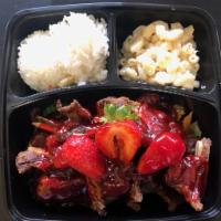 Strawberry Short Ribs · Combo plate served with steamed rice, macaroni salad & steamed vegetables.
