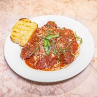 Spaghetti and Meatballs · Thin spaghetti freshly blanched and tossed in olive oil, smothered in Piazza’s family meat s...