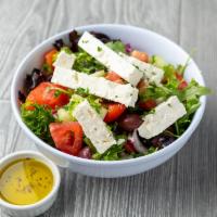 Greek Salad · Mixed greens, tomato, cucumber, green peppers, capers, olives, onions, Greek feta cheese, an...