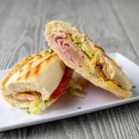 Ham Sandwich · Baguette, Swiss cheese, tomato, lettuce, mustard, and mayo.