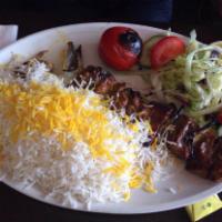 Soltani  · One skewer of beef tenderloin and one skewer of ground beef kabob.