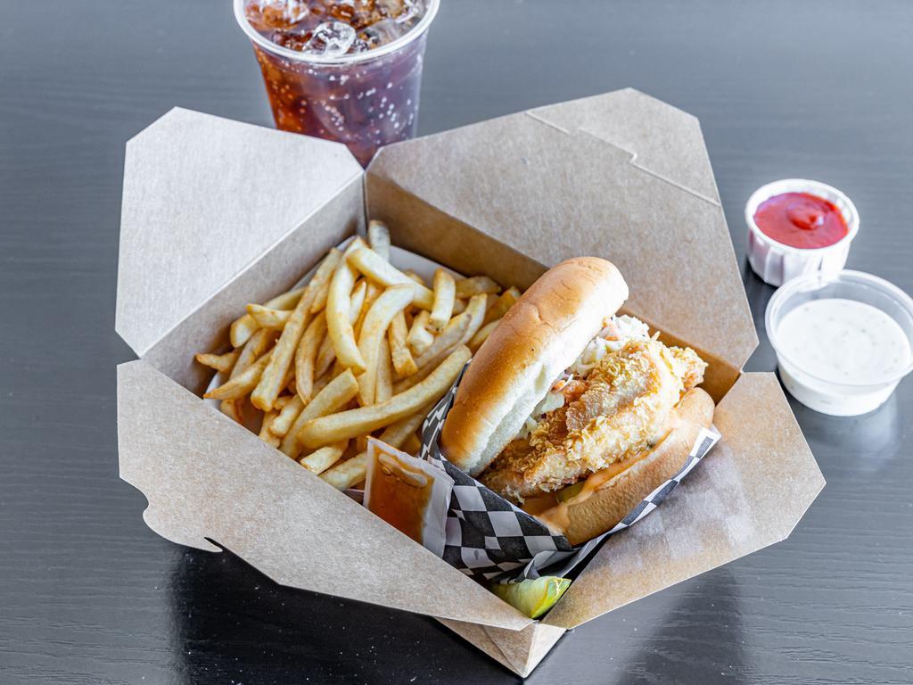 HTHC Burger Combo B · Burger, 2 tenders, fries and drink. Original crispy or hot crispy burger flavor, 1 tender flavor and choice of 1 dipping sauce.