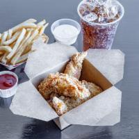 Tender Combo A · 3 piece, 1 flavor, fries, drink and 1 dipping sauce.  