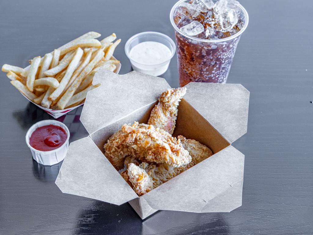 Tender Combo A · 3 piece, 1 flavor, fries, drink and 1 dipping sauce.  