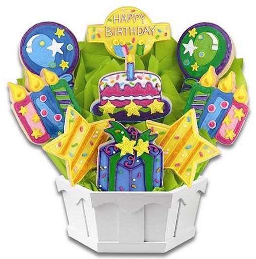 A148. Confetti and Candles Bright Bouquet · Bring sunshine and happiness to someone's special day with this bright and colorful birthday cookie bouquet. Made with sugar cookies. If you would like a custom message, please specify in the special instructions box.