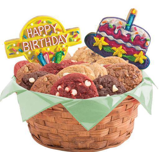 W148. Confetti and Candles Bright Basket · One or two specialty cookies along with your choice of cookie tray. Bring sunshine and happiness to someone's special day with this bright and colorful birthday cookie bouquet. Made with sugar cookies. If you would like a custom message, please specify in the special instructions box.