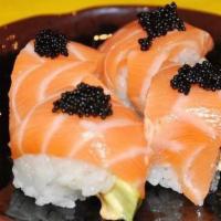 Tigger Roll. · Four pieces. Spicy salmon, avocado topped with fresh salmon and tobiko