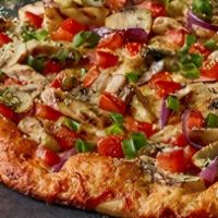 Chicken and Garlic Gourmet Pizza · Chicken, garlic mushrooms, tomatoes, red ＆ green onions, Italian herb seasoning on creamy ga...