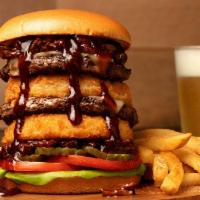 BBQ Brisket Beef Tower  · Double-stacked beef patties, onion rings, whiskey BBQ Brisket and white cheddar cheese with ...
