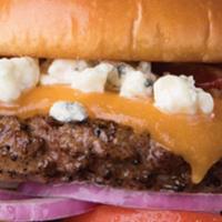 Bleu Ribbon Burger · Applewood bacon, bleu cheese crumbles, cheddar cheese, lettuce, tomato, red onion and pickles
