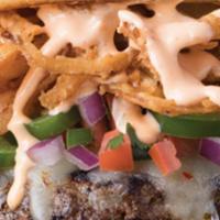 Voodoo Burger · Blackened seasoning, pepper jack cheese, pico de gallo, fresh jalapeños, Tabasco-fried onion...