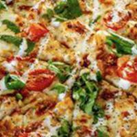 Chicken Bacon Ranch Pizza · Grilled chicken, applewood bacon, spinach, grape tomatoes and mozzarella cheese drizzled wit...