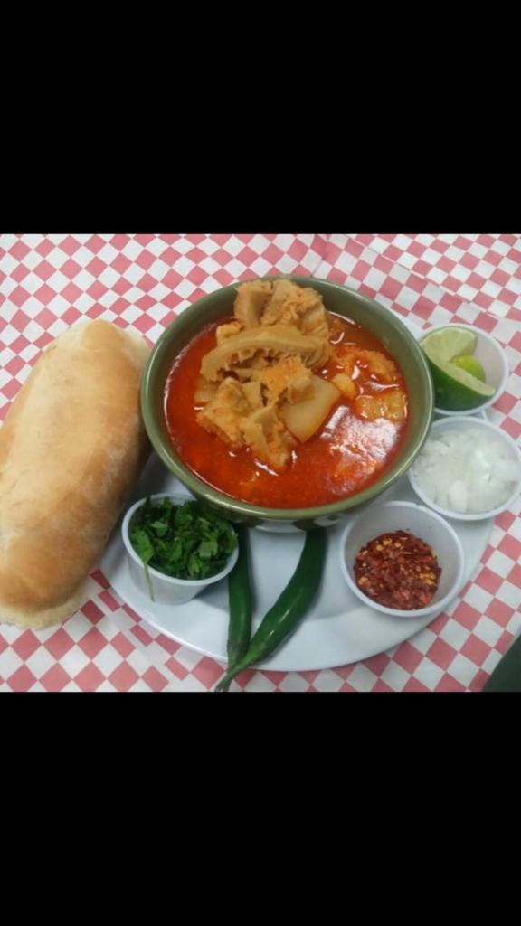 Menudo Bowl  · 1 bread toasted with butter or tortillas comes with onions, limes, Chile and oregano.