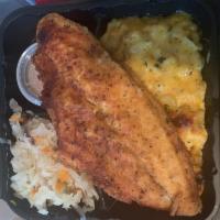 Catfish · Fried catfish dinner. W/ rice and veggie or W/ Baked Mac and veggie 