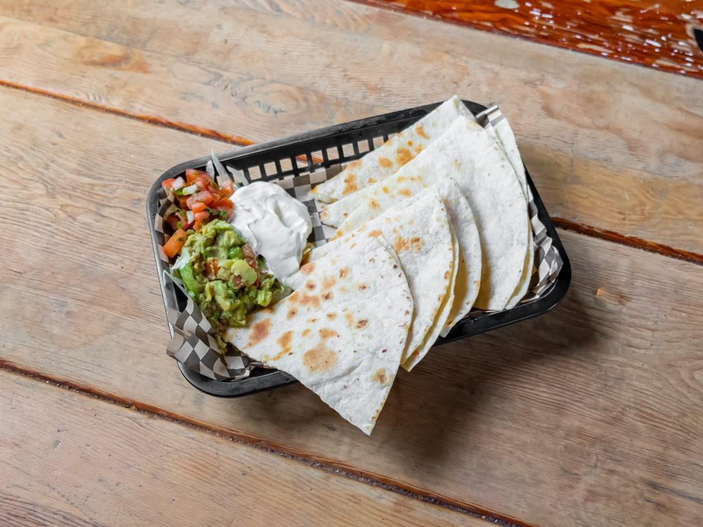 Cheese Quesadilla · Two 10'' flour tortillas filled with melted monterrey cheese served with sour cream and pico de gallo.