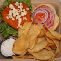 BUFFALO CHICKEN SANDWICH · Grilled or Crispy Panko Crusted Chicken Breast, Buffalo Sauce, Blue Cheese, Homemade Ranch, ...