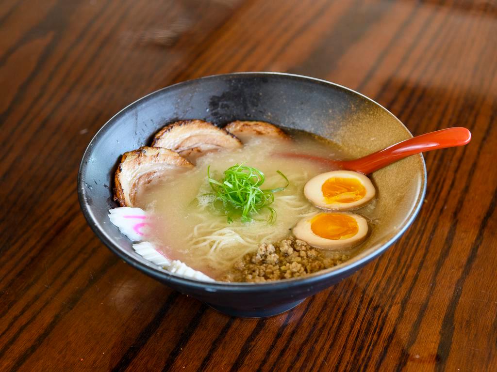 Tonkotsu Ramen · This ramen most shows off the unique nuances of our tonkotsu soup, it is made of pork bones which have been boiled down until they dissolve into a cloudy thick creamy white broth.
