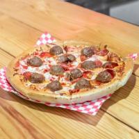 Meatball Heart Attack Pizza · Red sauce, Canadian bacon, meatball, pineapple, mozzarella, and shot of BBQ sauce.