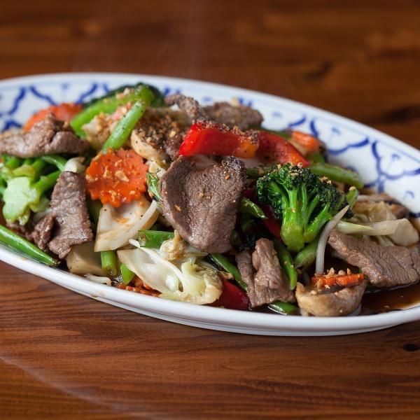 Vegetable Deluxe Stir-Fry · Mixed fresh vegetables sauteed with garlic and your choice of protein in a special sauce. 