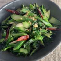 Gailan (Chinese Broccoli) · Chinese broccoli sauteed with garlic and dry chili pods.