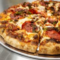 New Mexico Italiano Pizza · pepperoni, salami, Italian sausage, mozzarella, marinara and green chile