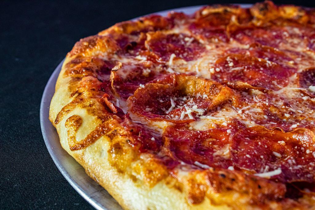 Pepperoni Pizza · house marinara sauce, mozzarella, thinly sliced pepperoni, mozzarella and parmesan cheese
