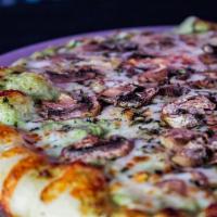 Herb Mushroom and 3 Cheese Pizza · mozzarella, provolone, parmesan, creamy basil pesto sauce (vegetarian)