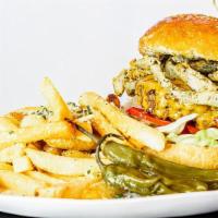 Impossible Burger · crispy green chile strips, lettuce, tomato, onion, vegan chipotle aioli, aged cheddar (unles...