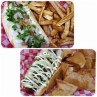 Wally Dog · 100% beef wrapped in bacon, deep-fried, topped with pico, mayo, salsa. Your choice of chips ...