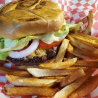 Primo Burger · 1/2 pound burger with lettuce, tomato, onion and pickles with a side of french fries.