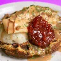 Jive Turkey Waffle · Stuffed waffle topped with smoked turkey, mashed potatoes, cranberry sauce and gravy. Dinner...