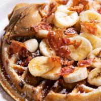 All Shook Up Waffle · Bacon-stuffed buttermilk with bananas, honey and peanut butter.