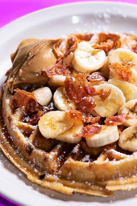 All Shook Up Waffle · Bacon-stuffed buttermilk with bananas, honey and peanut butter.