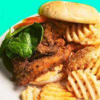 Chicken Tender Sandwich · Spinach, tomato and chipotle mayo on a bun and with waffle fries. Make them disco fries for ...