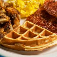 Classic Brek · 2 eggs, bacon or sausage, home fries and your choice of 1/4 waffle: Buttermilk, whole wheat,...