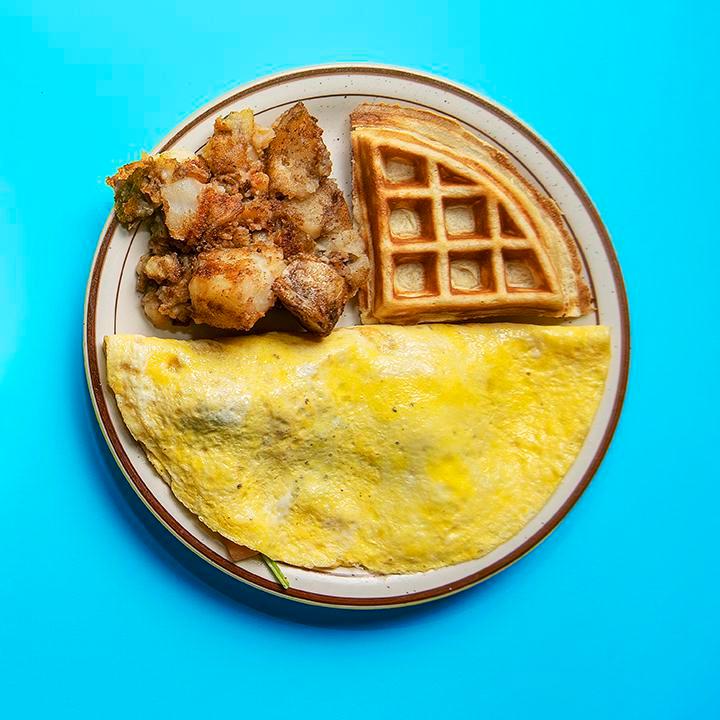 Omelete · Includes any 2 ingredients and your choice of 1/4 waffle, buttermilk, wholewheat, vegan, banana bread, buckwheat or toast.