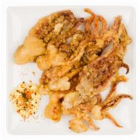 Calamari · Ika Geso Karaage - Fried squid legs served with a side of Japanese spiced mayonnaise.