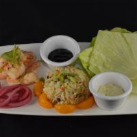 Shrimp Lettuce Wraps · Garlic shrimp, Asian coleslaw, hoisin, pickled red onions, wasabi aioli.